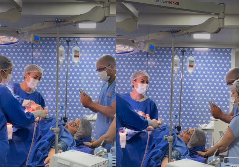 O bebê Daniel fez xixi na cara da mãe assim que saiu da barriga, em um hospital de Goiânia. O vídeo hilário está viralizando. - Foto: @afranjacob/Instagram