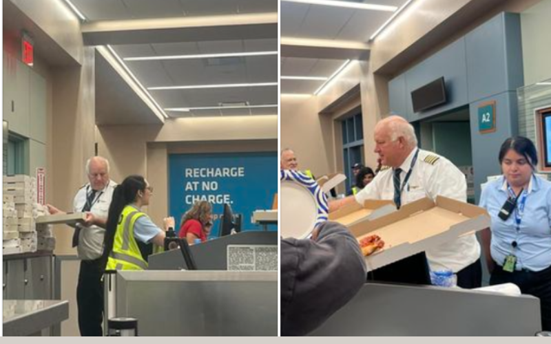 Wardle Boise, um piloto experiente, compra 30 pizzas e distribui para 150 passageiros após um pouso de emergência, nos EUA. - Foto: Taya Stamos