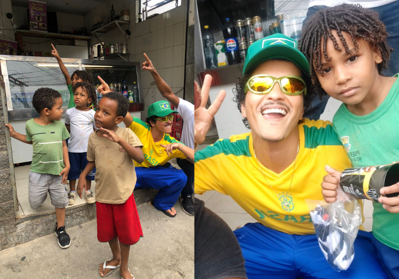 Bruno Mars surpreendeu moradores de BH. Ele foi flagrado sentado na calçada de um boteco e conversou e tirou fotos com todo mundo - Foto: Arquivo pessoal