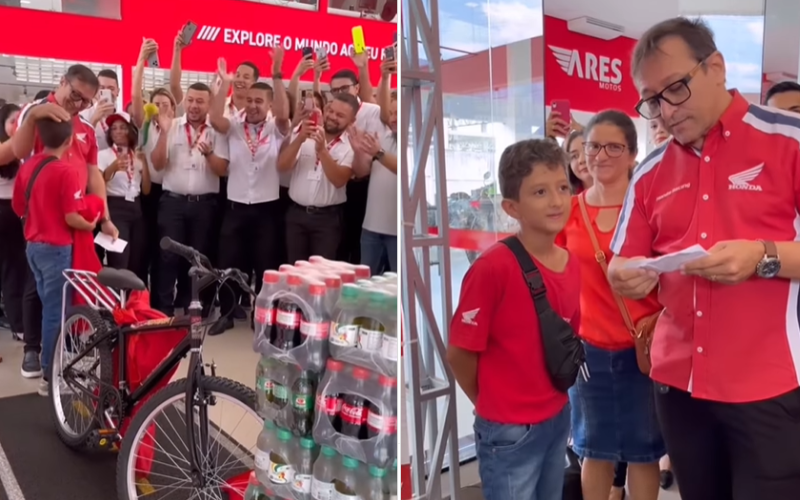 Funcionários, d euma concessionária de Juazeiro do Norte, no Ceará, realizam o sonho menino Mario, que pediu ao Papai Noel uma bicicleta. - Foto: @italo_airesmotos