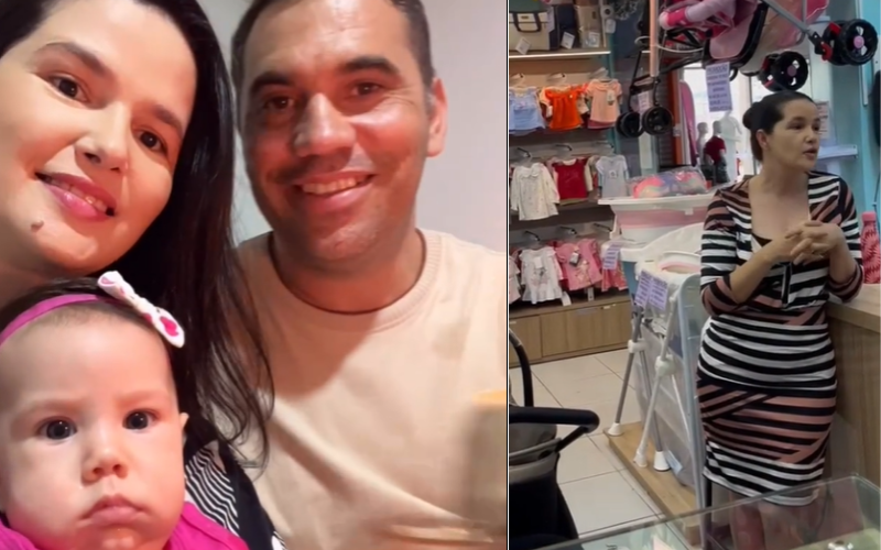 Essa mulher, a Sara que aparece com o marido Levy e a pequena Maria, queria muito ter filhos e comprava muitas roupinhas, mesmo sem poder engravidar. Agora, 14 anos depois, teve sua filhinha e voltou à loja para agradecer as vendedoras. - Foto: @saraguerreiro2