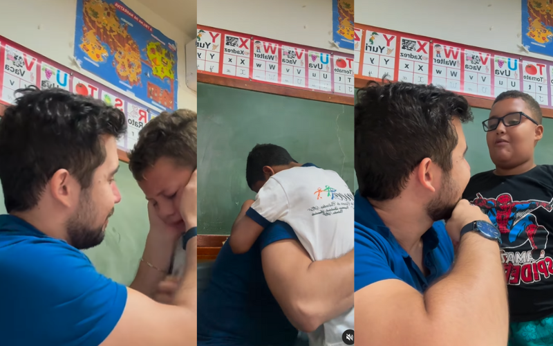 De Barretos, em SP, o professor Geovani Vieira chora na despedida dos alunos e eles retribuem com abraços e carinho. Foto: @giovaniii_vieira