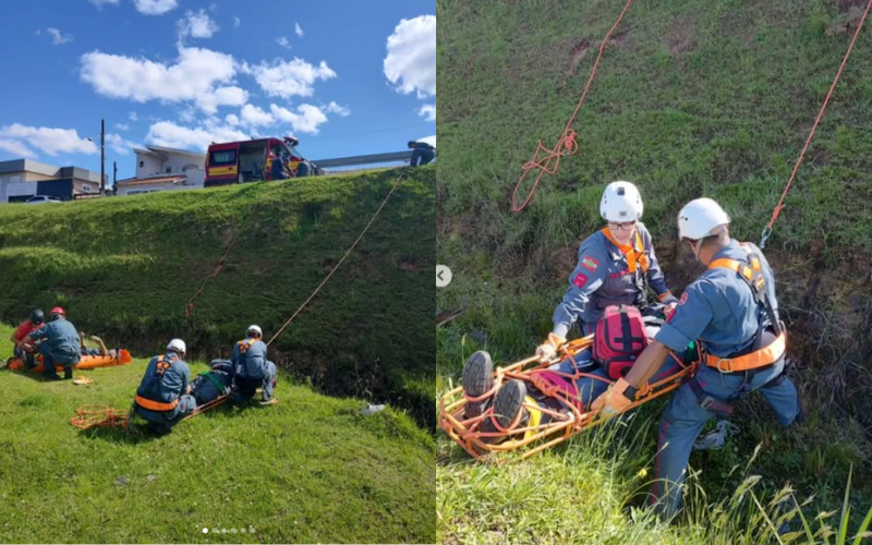 Bombeiros fazem treinamento de simulação, envolvendo força-tarefa, que salva pessoas em situação de risco em cachoeiras e penhascos, na imagem um homem é carregado na maca. Foto: @cbmsc.lages