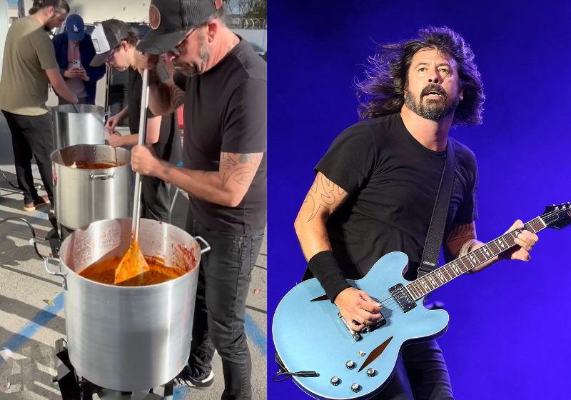 Dave Grohl, vocalista e guitarrista do Foo Fighters, passou o aniversário fazendo chilli para vítimas dos incêndios em LA. - Foto: Freed Street LA e Getty Images