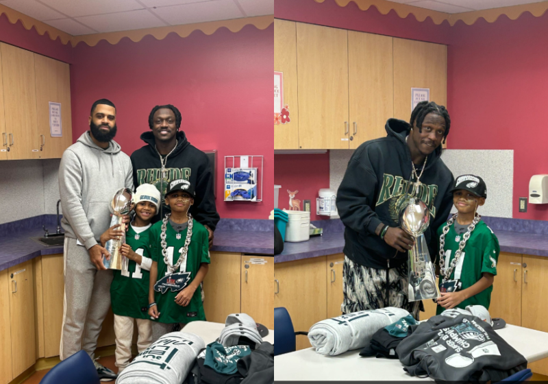 O jogador AJ Brown visita o menino Andrew, no hospital, para ver o sobrevivente do avião que caiu. ele levou o troféu do Super Bowl. Foto: Fox29
