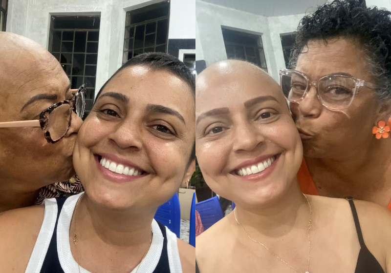 Silvana, a mãe (óculos), e Diana, a filha, de Minas Gerais, passaram por quimioterapia e cirurgia, perderam o cabelo e, depois recuperaram. Assim, as duas venceram o câncer. Foto: G1/Arquivo Pessoal