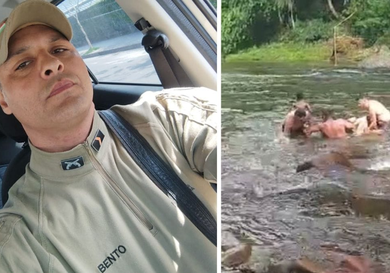 O cabo PM Cristian Bento salva uma mulher, arrastada pela correnteza, do rio em Joinville, em SC. Foi por muito pouco. Foto: Top Elegance