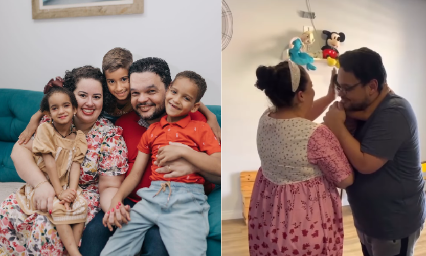 O casal Mayara e Erik adota três crianças, os irmãos Brenda, Reinaldo e Miguel. A emoção tomou conta do primeiro encontro registrado em vídeo. - Foto: @mayaracoraci