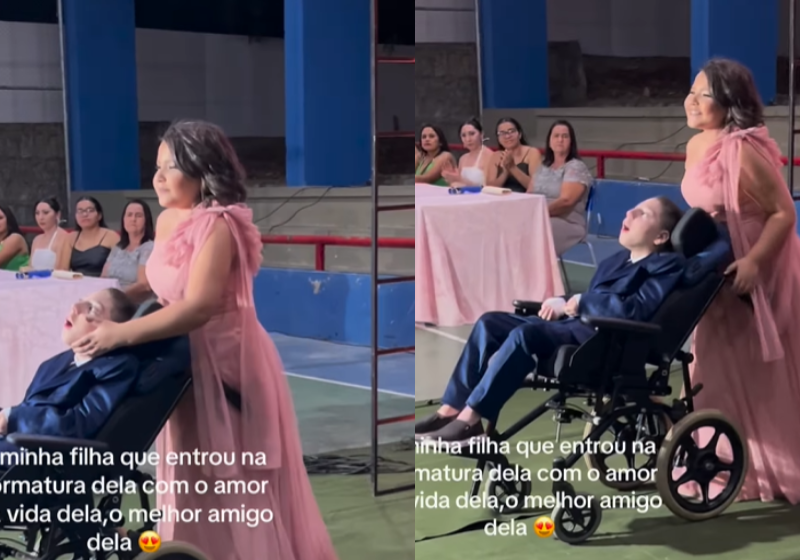 Menina entra na formatura com amigo cadeirante e mostra o que é amor; vídeo