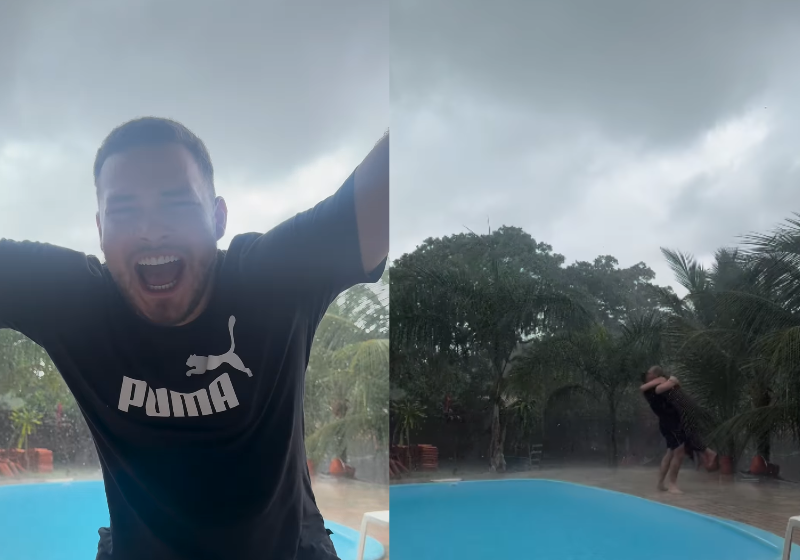 A mãe, Ivonete Sena, e o filho, Jeremias Jerion, se abraçaram na chuva para comemorar a batalha vencida contra o câncer. - Foto: @jeremiasjerion/Instagram