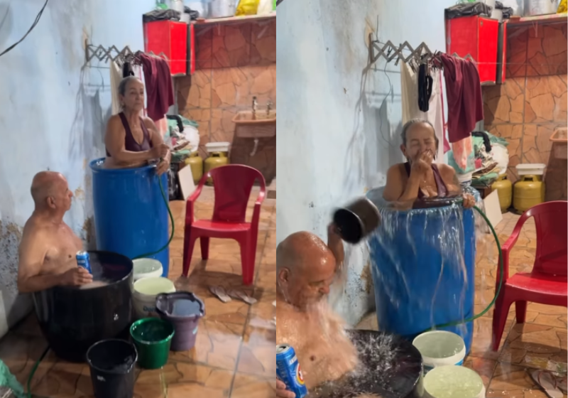 O vovó e a vovô, para se refrescar no calorão do Rio de Janeiro, usaram esse método divertido! do balde, tonel e mangueira. - Foto: @vinicin021/Instagram