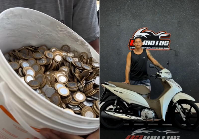 Jovem compra moto com moedas de R$ 1, leva um balde com elas e vídeo viraliza; assista