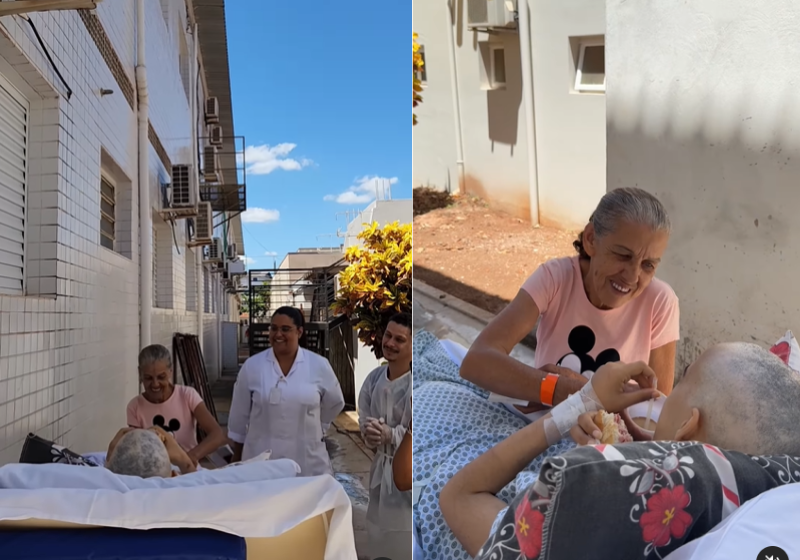 Os enfermeiros do Hospital Amaral Carvalho, em Jaú, em SP, atenderam ao pedido da paciente Giovana para ver o céu. Ela foi levada para o lado de fora e ainda comeu o misto quente que tanto queria. – Foto: @hospitalamaralcarvalho