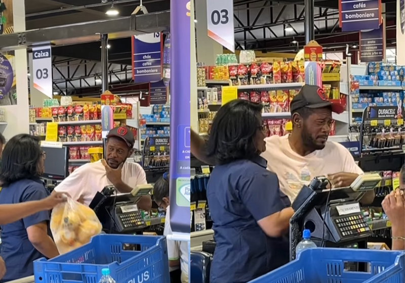 Mulher surpreende e paga conta de homem no mercado. Ele fazia compras para doar; vídeo