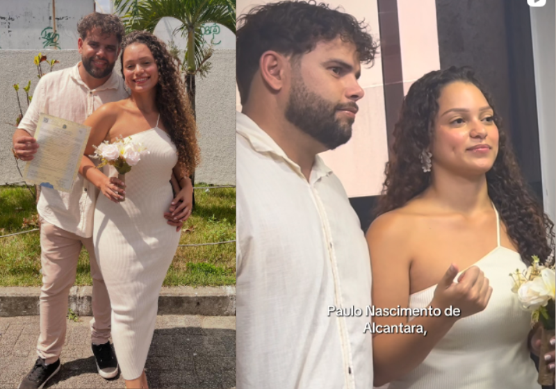 Juliana, a noiva, interpreta em Libras a cerimônia civil de casamento para Paulo, o noivo que é surdo. No Rio, muito amor envolvido. Foto: @julibrasss 