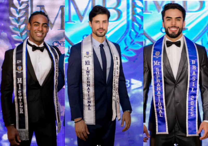 Eram 29 homens simplesmente lindos, três foram escolhidos para representarem o Brasil em concursos internacionais de beleza. Lucas Laet (E) foi o grande vencedor do Mister Brasil CNB 2025 e Rodrigo D’Soni (D) irão para Tailândia, já Igor Thierry (C) vai para Polônia. Foto: Mister Brasil CNB 2025