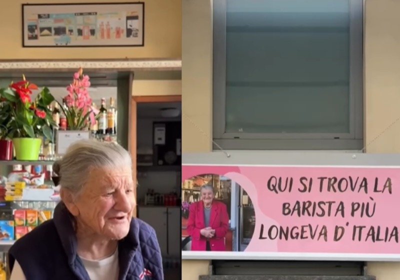 Dona Anna, de 100 anos, tem orgulho de exibir o quadro na parede que diz que é a barista mais longeva da Itália. Foto: @20m/@EmanuelFerrari