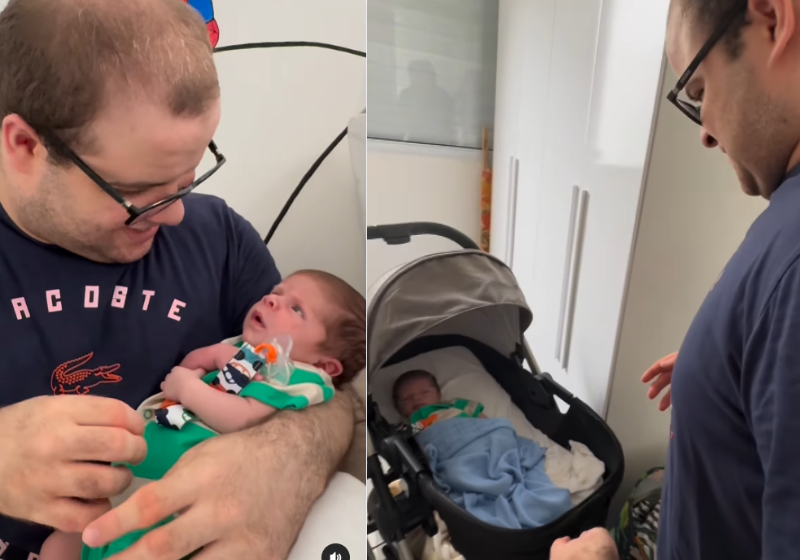 O tio Teo, autista não verbal, simplesmente fica encantado com o sobrinho Alexandre: segura no colo e faz carinho. Foto: @_manumoura 