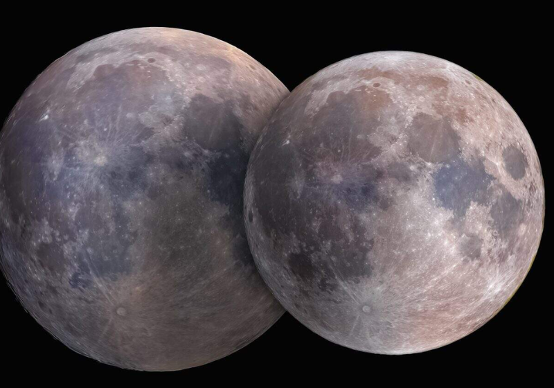 Na imagem é possível ver a microlua rosa, um fenômeno raro, cujo horário será por volta das 19h48 de sábado (12/04). Na foto, duas imagens da Lua capturadas, em 2021, em Calcutá, na Índia, em que é possível comparar a superlua (à esquerda) e a microlua (à direita). Crédito: Soumyadeep Mukherjee
