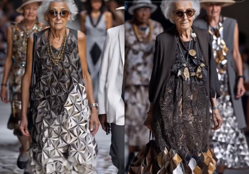 Uma sequência linda e de bom gosto, criada por IA, mostra um possível desfile de moda com vovós estilosas e seguras de si, uma reação ao etarismo. Foto: @wearemidjourney