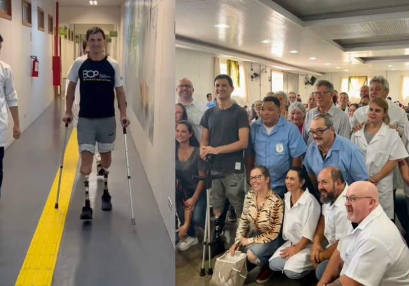 O brasileiro Jedimar é o primeiro no país a receber implante de próteses nas duas pernas e consegue andar. Para conseguir receber os implantes, a equipe do hospital fez campanha para arrecadar dinheiro. Foto: @J3dmar