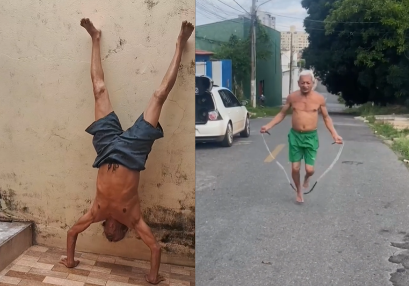 Aos 73 anos, idoso planta bananeira e faz flexões; vídeo Esse idoso, de Cuiabá, no MT, planta bananeira, faz flexões e pula corda. Ele é incrível. A filha orgulhosa compartilha as aventuras na web. Foto: @grazielapsouzaferraz