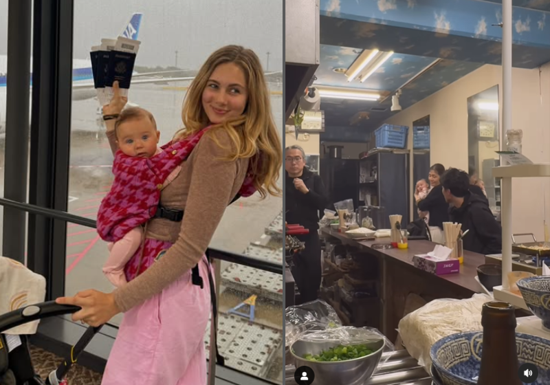 Encantada com o Japão, sobretudo com a garçonete que segura o bebê para que ela e o marido possam jantar. Foto: @maggieboynton 