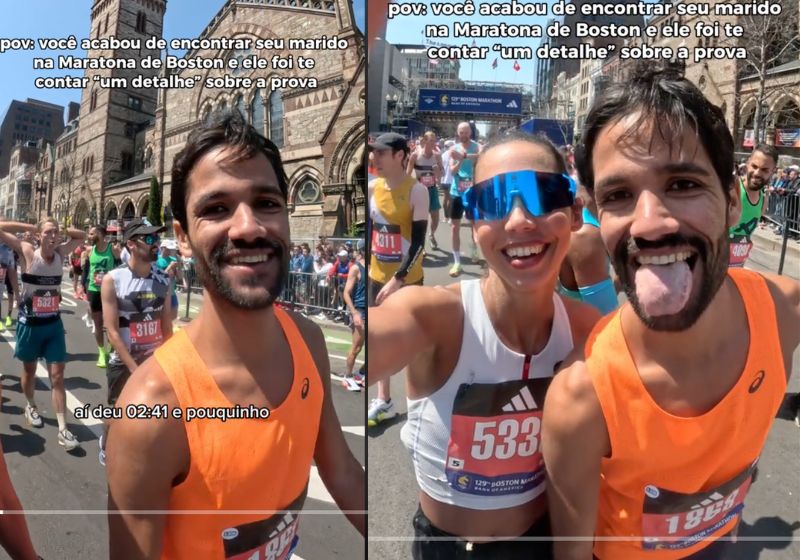 Veja a alegria do Pedro, mesmo depois de parar a prova, para a qual tanto se preparou, para ajudar o atleta caído na pista da Maratona de Boston - Fotos: @luizacravoo/TikTok