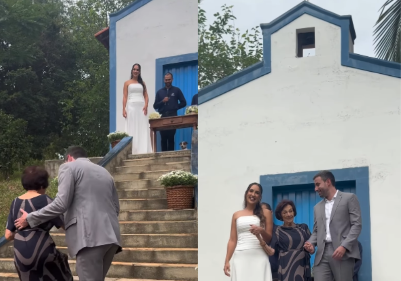 Na cerimônia, Carminha recebeu todo o carinho dos noivos. Ela deixou um recado especial para eles! - Foto: @leonardodarcadia/Instagram