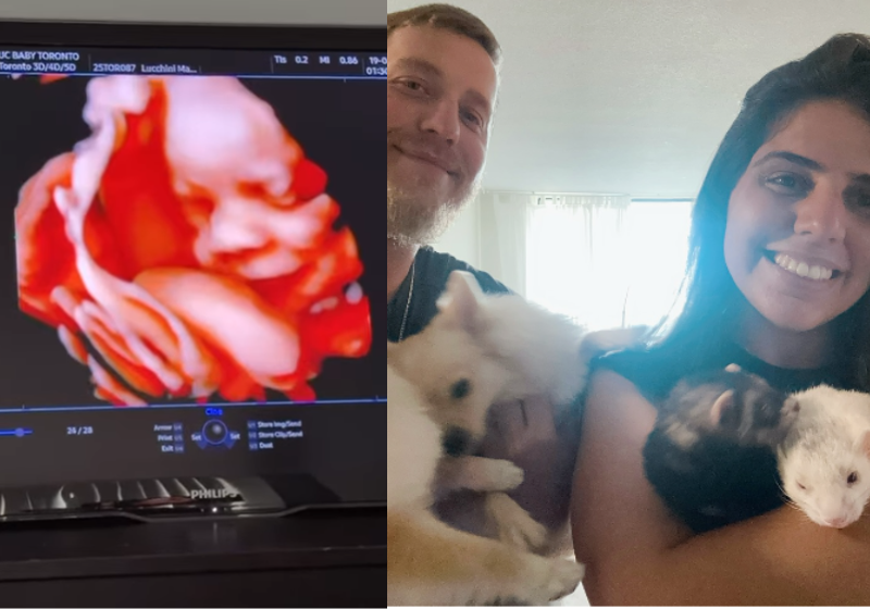 Lucas diz "Oi, meu amor" e a bebê Giulia, ainda na barriga da mamãe Sarah, dá um sorriso imenso. Foto: @sarahhlucchini