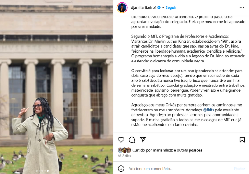 Nas redes sociais, a escritora brasileira explicou que o programa Martin Luther King se destina a docentes que defendem as ideias do grande líder. Foto: @djamilaribeiro