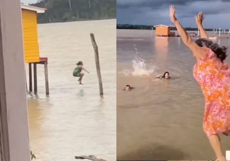 Sereia de Marajó: conheça a idosa de 81 anos que pula no rio com saltos ousados; vídeo O médico mandou a vovó Sereia de Marajó descansar e olha o que ela faz: dá saltos ousados no rio, ao lado da casa dela. - Foto: @vovosampaio_81