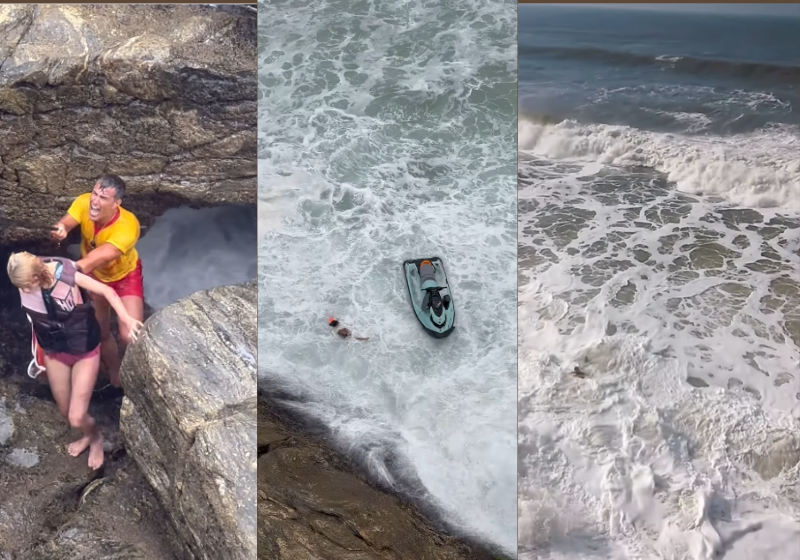 Salva-vidas resgatam um menino levado pela forte correnteza do mar, em São Paulo. O vídeo é emocionante. - Foto:@rafaelifeguard