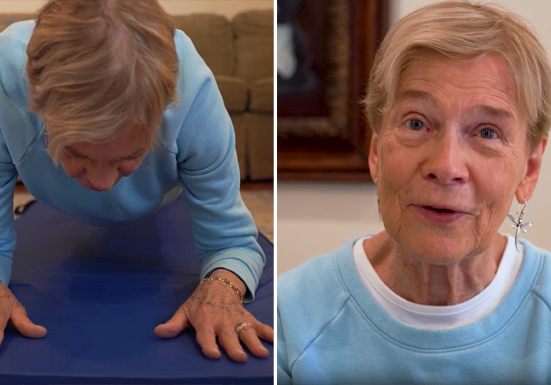 Sarah Blackman, uma vovó de 82 anos dos EUA, bate o recorde mundial de abdominal na prancha ao fazer o exercício físico por mais de 5 minutos. Já está no Guinness Book! Foto: Guinness Records 