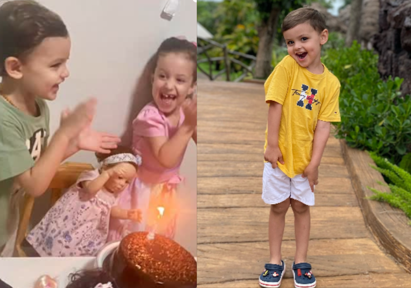 José e Cecília no aniversário de 1 ano da "filha" dos dois com direito às irmãs bonecas em lugar privilegiado. Foto: @andrettorenata 