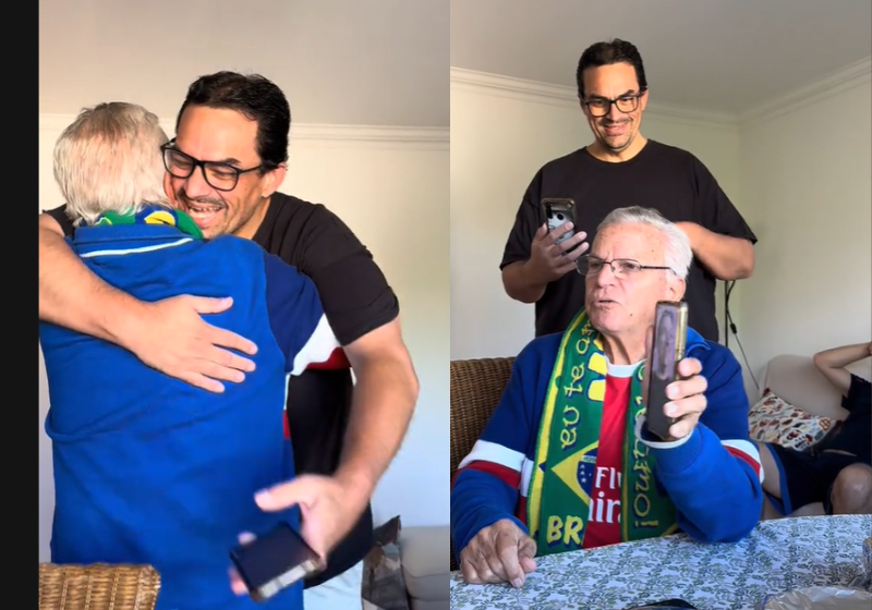 Idoso demora para descobrir surpresa do filho, que não via há tempos; não era ligação de vídeo O idoso nem percebe que o filho, que ele pensa estar conversando por vídeo, na verdade está atrás dele, às gargalhadas e chegou de surpresa de Portugal. O vídeo teve mais de 6 milhões de visualizações. - Foto: @manu.artex