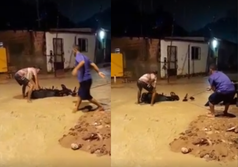Movidos pela solidariedade, os moradores usam uma corda para resgatar um jovem que caiu com a moto em um buraco imenso submerso pela água da chuva, em Maceió. - Foto: Gazeta Web
