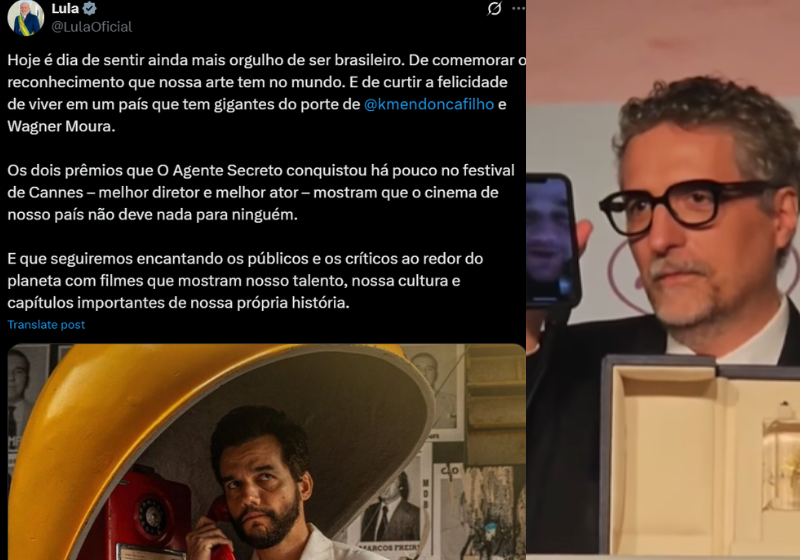 O presidente Lula usou as redes sociais para elogiar e Kleber Sampaio fez uma chama de vídeo para Wagner dar "uma declaração", em inglês, durante coletiva de imprensa em Cannes. Foto: @lulaoficial/@omelete 