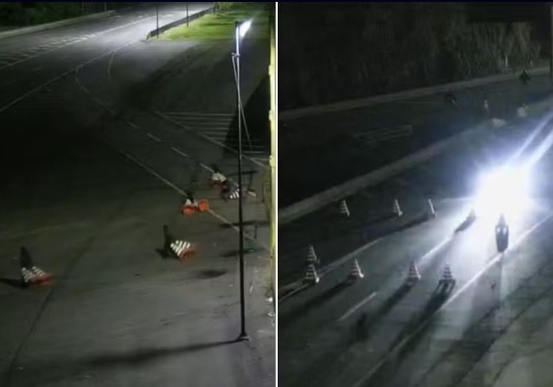 Os criminosos bloquearam a Rodovia dos Imigrantes, SP, com cones e fugiram quando a polícia chegou. — Foto: Câmeras de Monitoramento da Ecovias Imigrantes/Divulgação