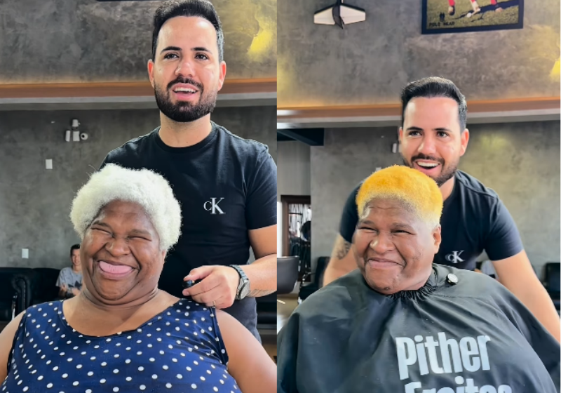 O cabeleireiro Pither, de Minas Gerais, devolveu o sorriso para a Luzia, uma idosa com deficiência que cortou o cabelo em casa. - Foto: @pitherfreitas/TikTok