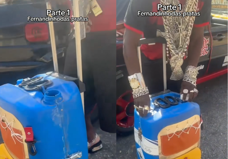 A mala barata de galão de água, feita por um mineiro, é totalmente funcional. - Foto: @fernandinhodas.pratas/TikTok