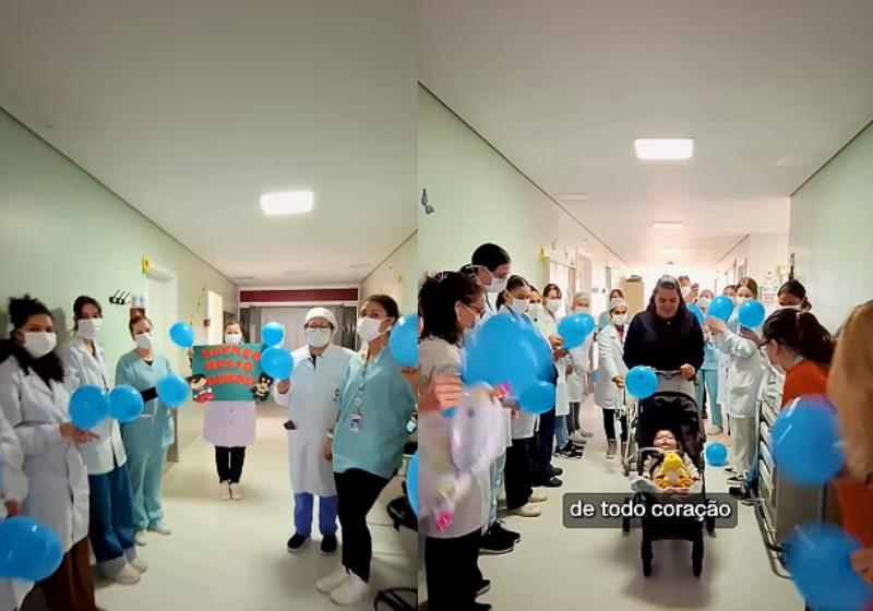 Os funcionários de um hospital no Paraná fizeram uma festa para comemorar a alta da criança que ficou 238 dias internada e agora voltou para casa. - Foto: @chcufpr/Instagram