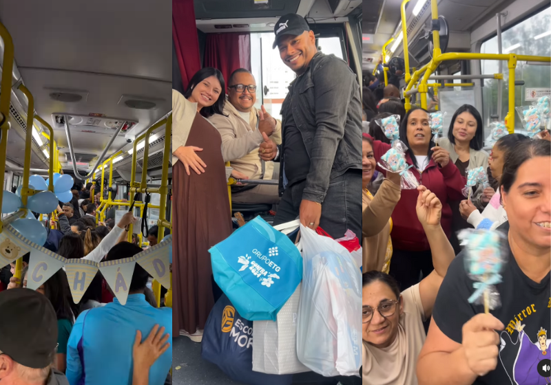 No ônibus lotado, os passageiros são mais do que conhecidos, são amigos e juntos organizaram o chá de bebê para o Lucca, que logo vai nascer em São Paulo. Foto: @cafe_do_onibus5652