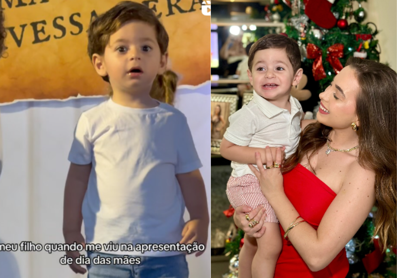 De tão feliz, Theo ficou mostrando para a professora que a mãe Bia estava na plateia para assisti-lo. Foto: @biamoreirafisio