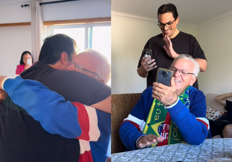 No vídeo, Leonardo, o filho, conversa com o pai como se estivesse em Portugal, mas na verdade, veio de surpresa para visitar a família. O encontro dos dois emociona. Lindo demais. Foto: @manu.artex 