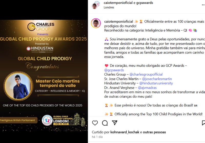 Incluído no rol dos mais inteligentes do mundo, Caio Temponi é modesto, nas redes sociais, apenas agradeceu, em momento algum demonstrou excesso de orgulho ou ego. Lindo. Foto: @caiotemponi