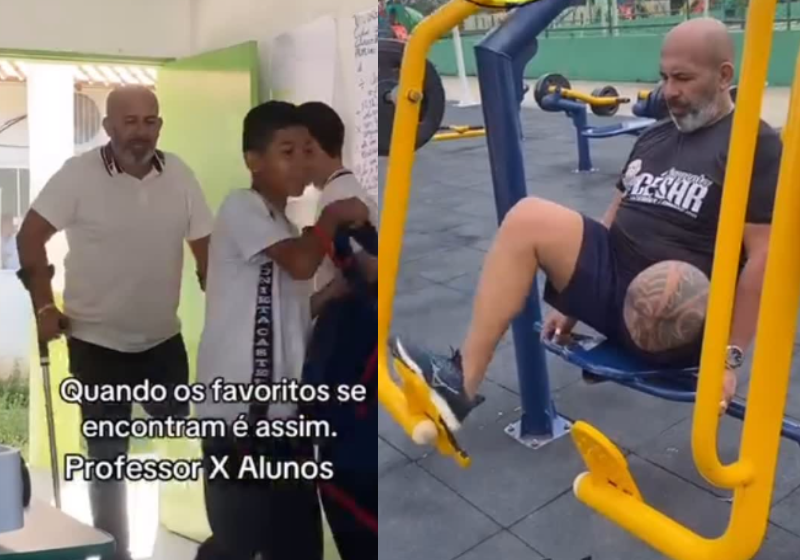 O professor Renne Cesar, com deficiência por causa de uma perna amputada, fez o carinho dos alunos ficar ainda mais intenso. Ele é recebido com atenção e muito cuidado a cada aula. Foto: @rennecesar