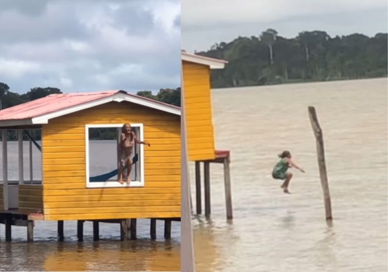 Vovó Sampaio dá pirueta, faz gracinha e charme e...pula. Espetacular. Foto: @vovosampaio