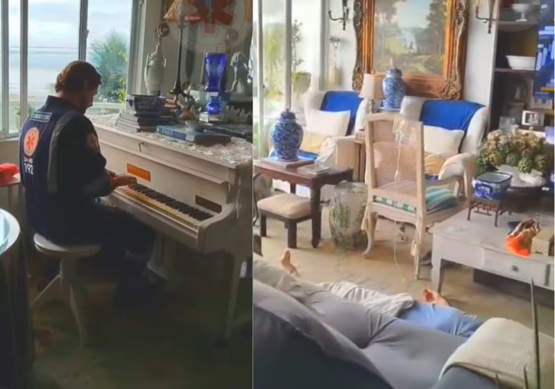 O idoso pede e o socorrista atende: pode tocar piano. Música é um santo remédio. Foto: SamuSC