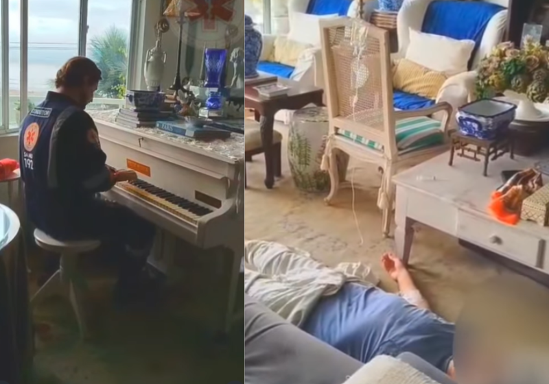 Marlon Licarasa, um socorrista do Samu em Santa Catarina, tocou piano para acalmar um idoso com fortes dores de hérnia de disco, enquanto ele era medicado. O vídeo viralizou. - Foto: @SamuSC
